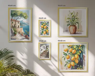 Conjunto de cuadros decorativos con paisajes de árboles cítricos y vegetación