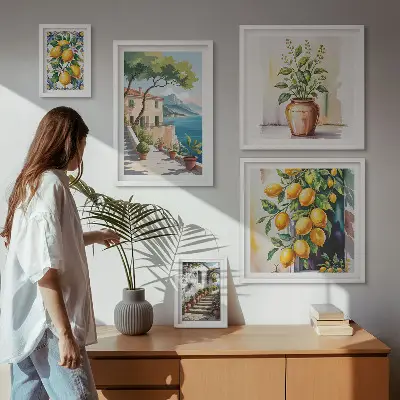 Conjunto de cuadros decorativos con paisajes de árboles cítricos y vegetación