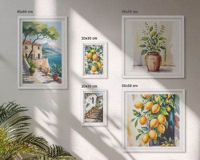 Conjunto de cuadros decorativos Paisajes con árboles cítricos y vegetación.
