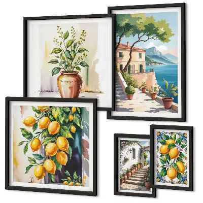 Conjunto de cuadros decorativos con paisajes de árboles cítricos y vegetación