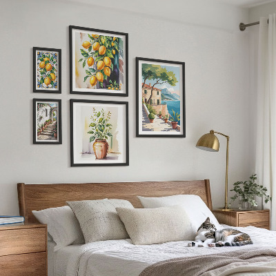 Conjunto de cuadros decorativos Paisajes con árboles cítricos y vegetación.
