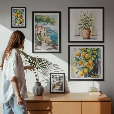 Conjunto de cuadros decorativos con paisajes de árboles cítricos y vegetación