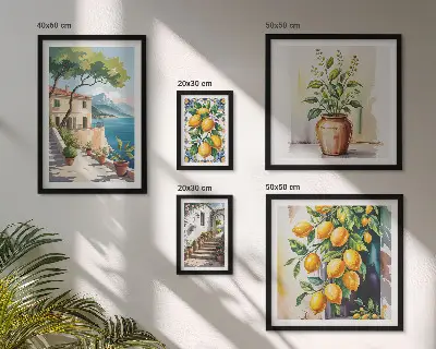 Conjunto de cuadros decorativos con paisajes de árboles cítricos y vegetación