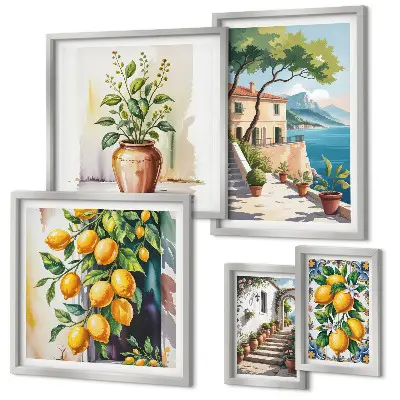 Conjunto de cuadros decorativos con paisajes de árboles cítricos y vegetación