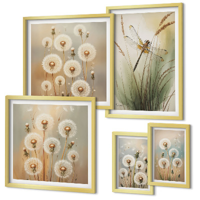 Pared galería de arte Motivos florales de libélulas y dientes de león.
