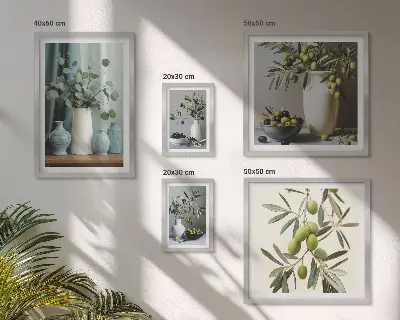 Set de 5 cuadros para salón con diseño de aceitunas verdes en un jarrón