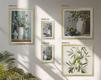 Set de 5 cuadros para salón con diseño de aceitunas verdes en un jarrón