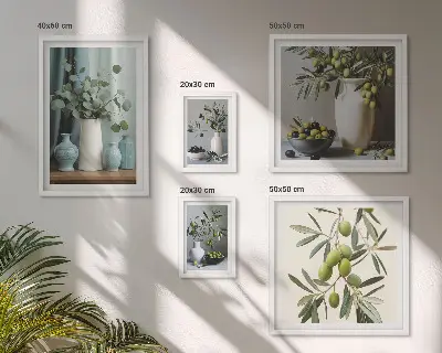 Set de 5 cuadros para salón con diseño de aceitunas verdes en un jarrón
