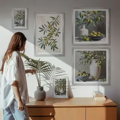 Conjunto de cuadros decorativos con detalles en color oliva para interior rústico