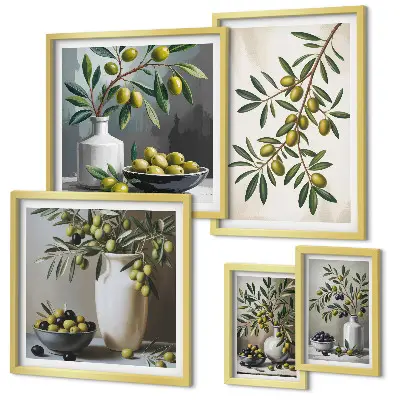 Conjunto de cuadros decorativos con detalles en color oliva para interior rústico