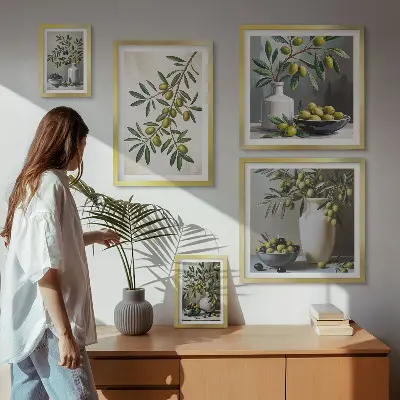 Conjunto de cuadros decorativos con detalles en color oliva para interior rústico