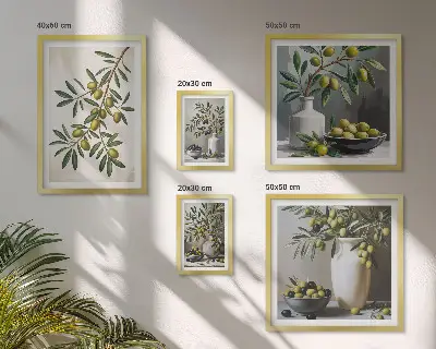 Conjunto de cuadros decorativos con detalles en color oliva para interior rústico