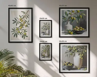 Conjunto de cuadros decorativos con detalles en color oliva para interior rústico