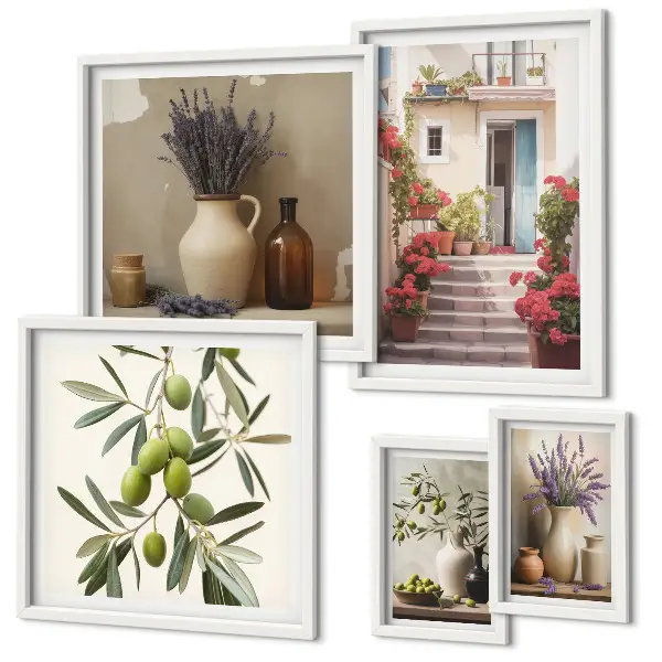 Set de 5 cuadros para salón con diseño de interiores elegantes, flores y frutas