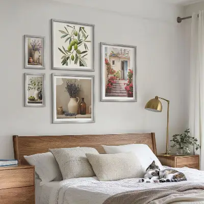 Set de 5 cuadros para salón con diseño de interiores elegantes, flores y frutas
