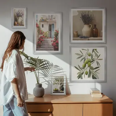 Set de 5 cuadros para salón con diseño de interiores elegantes, flores y frutas