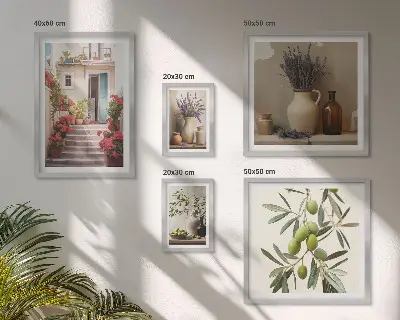 Set de 5 cuadros para salón con diseño de interiores elegantes, flores y frutas