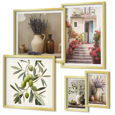 Set de 5 cuadros para salón con diseño de interiores elegantes, flores y frutas