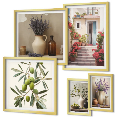 Set de 5 cuadros para salón Interiores elegantes, flores, frutas