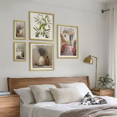 Set de 5 cuadros para salón con diseño de interiores elegantes, flores y frutas