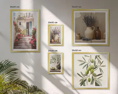 Set de 5 cuadros para salón con diseño de interiores elegantes, flores y frutas