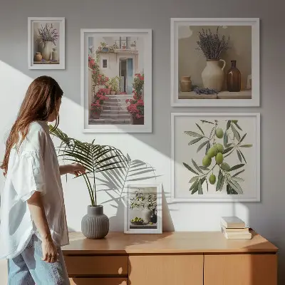 Set de 5 cuadros para salón con diseño de interiores elegantes, flores y frutas