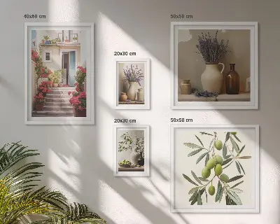 Set de 5 cuadros para salón con diseño de interiores elegantes, flores y frutas