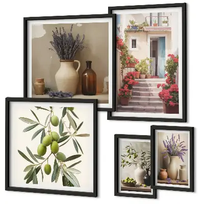 Set de 5 cuadros para salón con diseño de interiores elegantes, flores y frutas