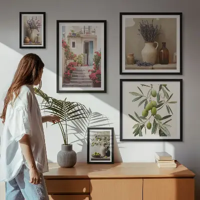 Set de 5 cuadros para salón con diseño de interiores elegantes, flores y frutas