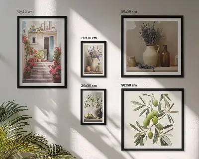 Set de 5 cuadros para salón con diseño de interiores elegantes, flores y frutas