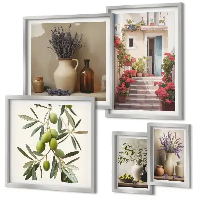 Set de 5 cuadros para salón con diseño de interiores elegantes, flores y frutas