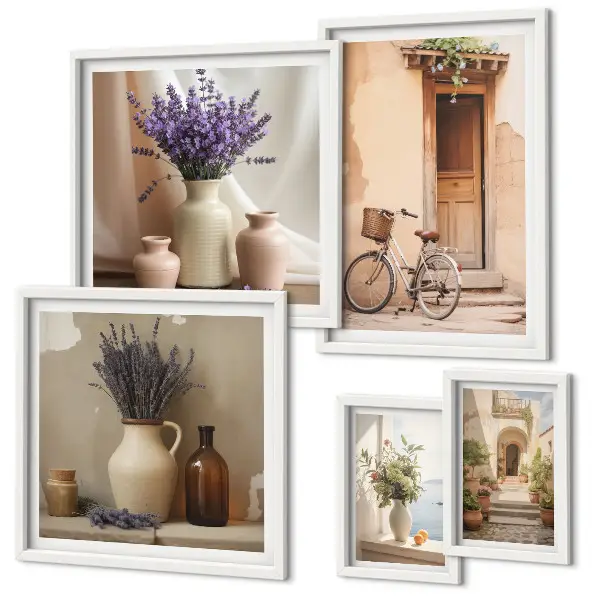 Conjunto de cuadros decorativos interiores elegantes con bicicleta y flores
