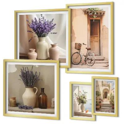 Conjunto de cuadros decorativos interiores elegantes con bicicleta y flores