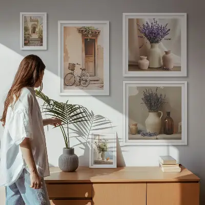 Conjunto de cuadros decorativos interiores elegantes con bicicleta y flores