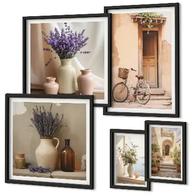 Conjunto de cuadros decorativos interiores elegantes con bicicleta y flores