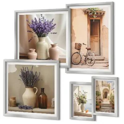 Conjunto de cuadros decorativos interiores elegantes con bicicleta y flores