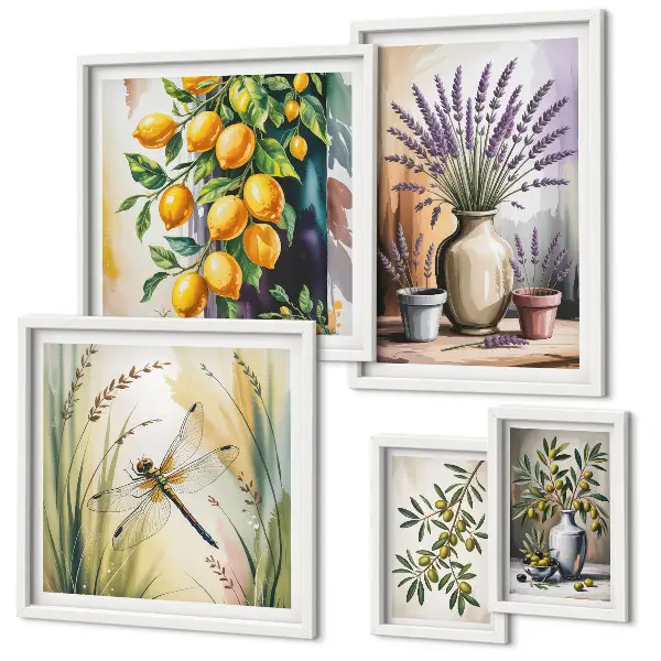 Set de 5 cuadros para salón con diseño de olivas rústicas con limón y flores