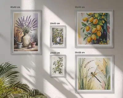 Set de 5 cuadros para salón con diseño de olivas rústicas con limón y flores