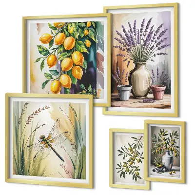 Set de 5 cuadros para salón con diseño de olivas rústicas con limón y flores