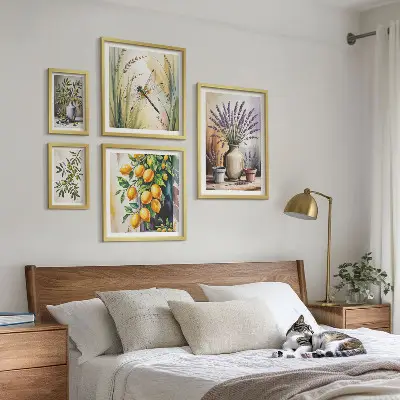 Set de 5 cuadros para salón con diseño de olivas rústicas con limón y flores