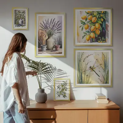 Set de 5 cuadros para salón con diseño de olivas rústicas con limón y flores