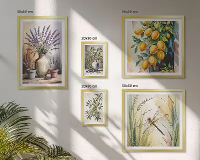 Set de 5 cuadros para salón con diseño de olivas rústicas con limón y flores
