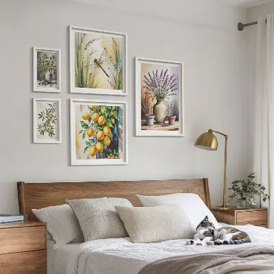 Set de 5 cuadros para salón con diseño de olivas rústicas con limón y flores