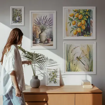 Set de 5 cuadros para salón con diseño de olivas rústicas con limón y flores