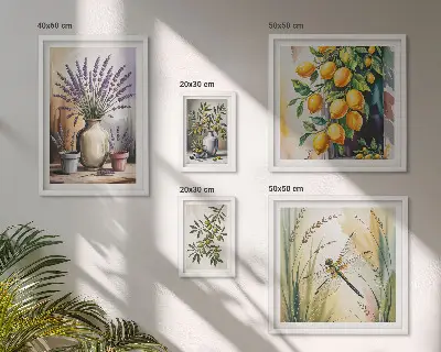 Set de 5 cuadros para salón con diseño de olivas rústicas con limón y flores