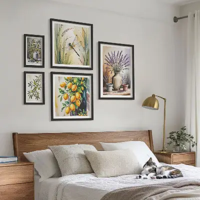 Set de 5 cuadros para salón con diseño de olivas rústicas con limón y flores