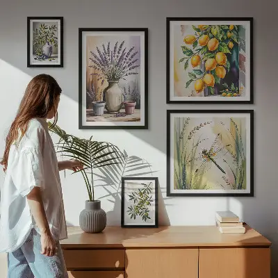 Set de 5 cuadros para salón con diseño de olivas rústicas con limón y flores