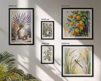 Set de 5 cuadros para salón con diseño de olivas rústicas con limón y flores