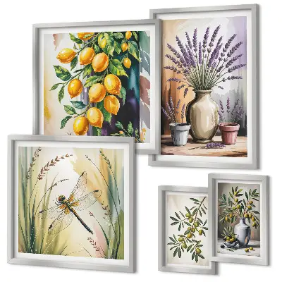 Set de 5 cuadros para salón con diseño de olivas rústicas con limón y flores