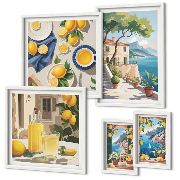 Pared galería de arte con limones y vista pintoresca